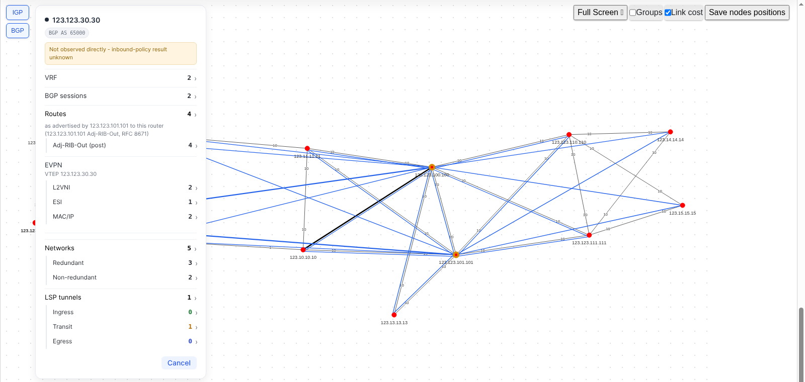 Device form of 123.123.30.30 with the EVPN section: VTEP 123.123.30.30, L2VNI 2, ESI 1, MAC/IP 2