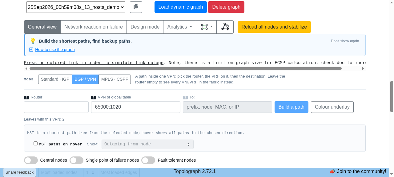 BGP / VPN form with no router and VNI 1020 chosen, reporting two leaves